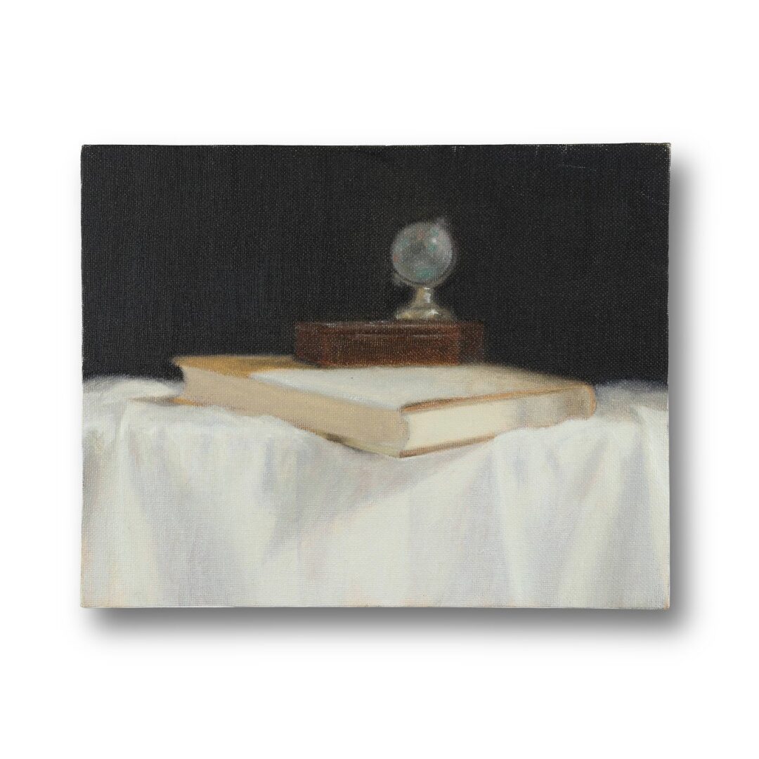 本や地球儀を描いた静物画