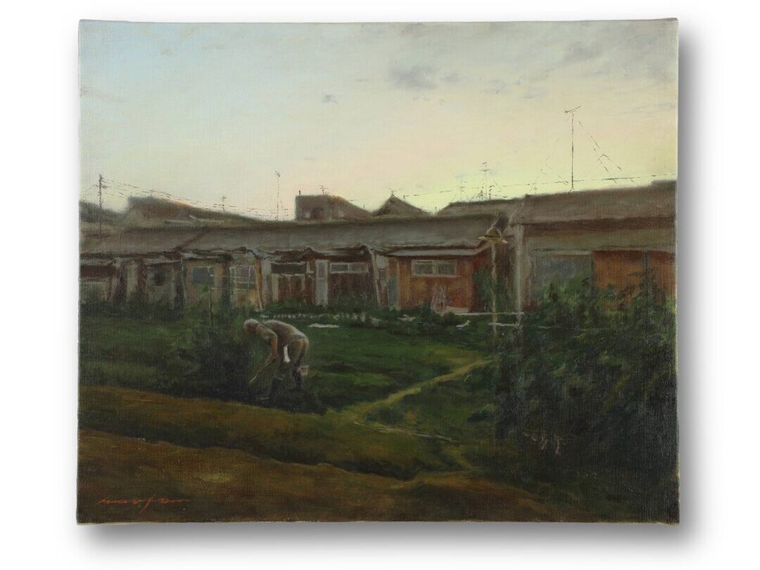 農作業する男性を描いた風景画